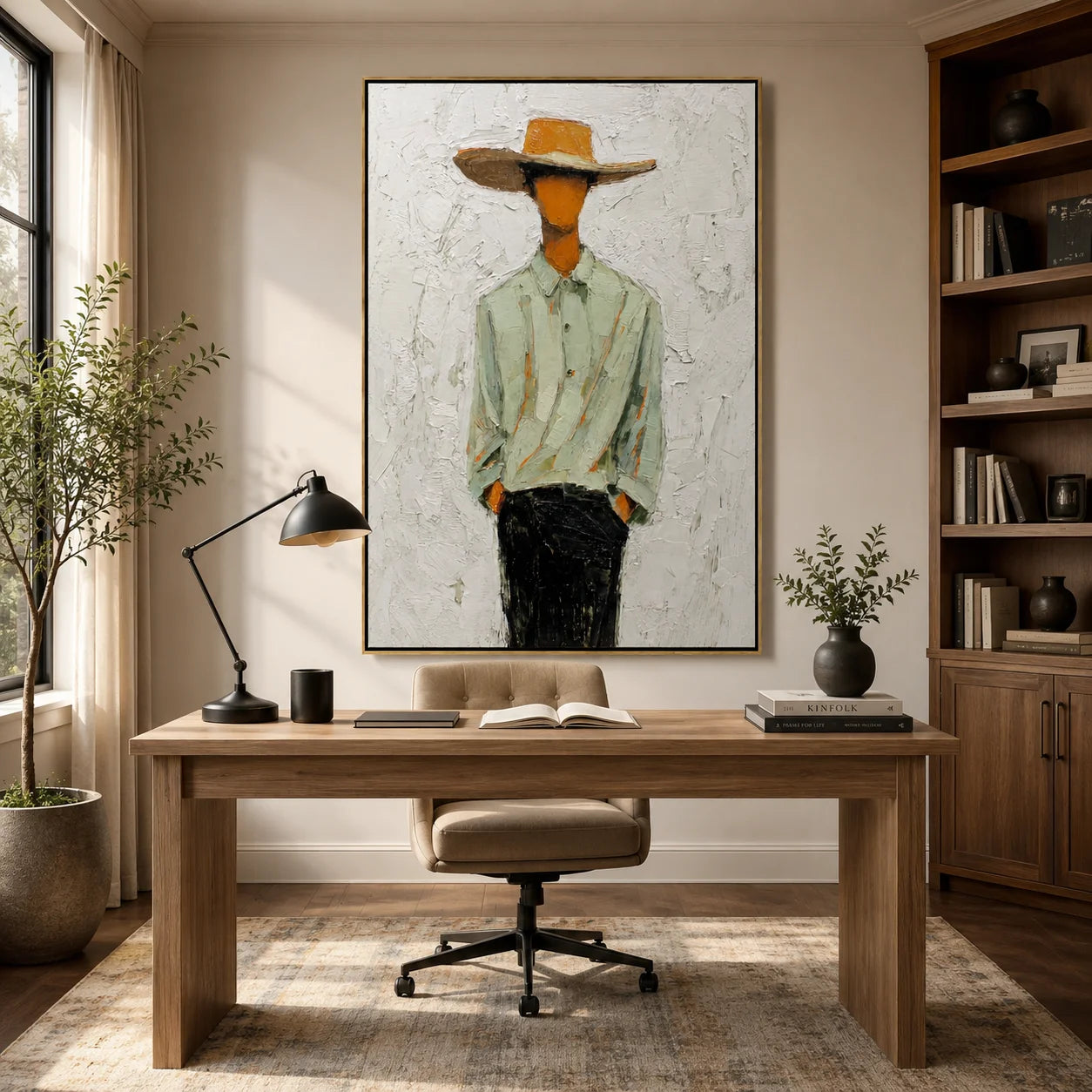 Hand-Painted Minimalist Cowboy Oil Painting, Textured Western Portrait Canvas Wall Art for Modern Farmhouse Decor#OA 0933