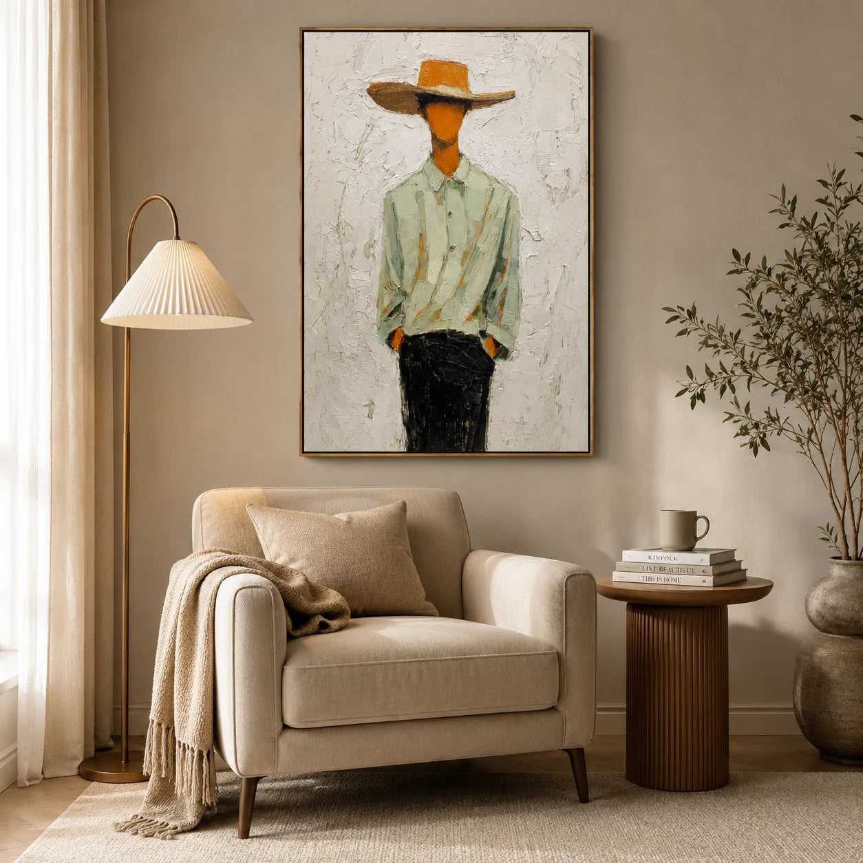 Hand-Painted Minimalist Cowboy Oil Painting, Textured Western Portrait Canvas Wall Art for Modern Farmhouse Decor#OA 0933