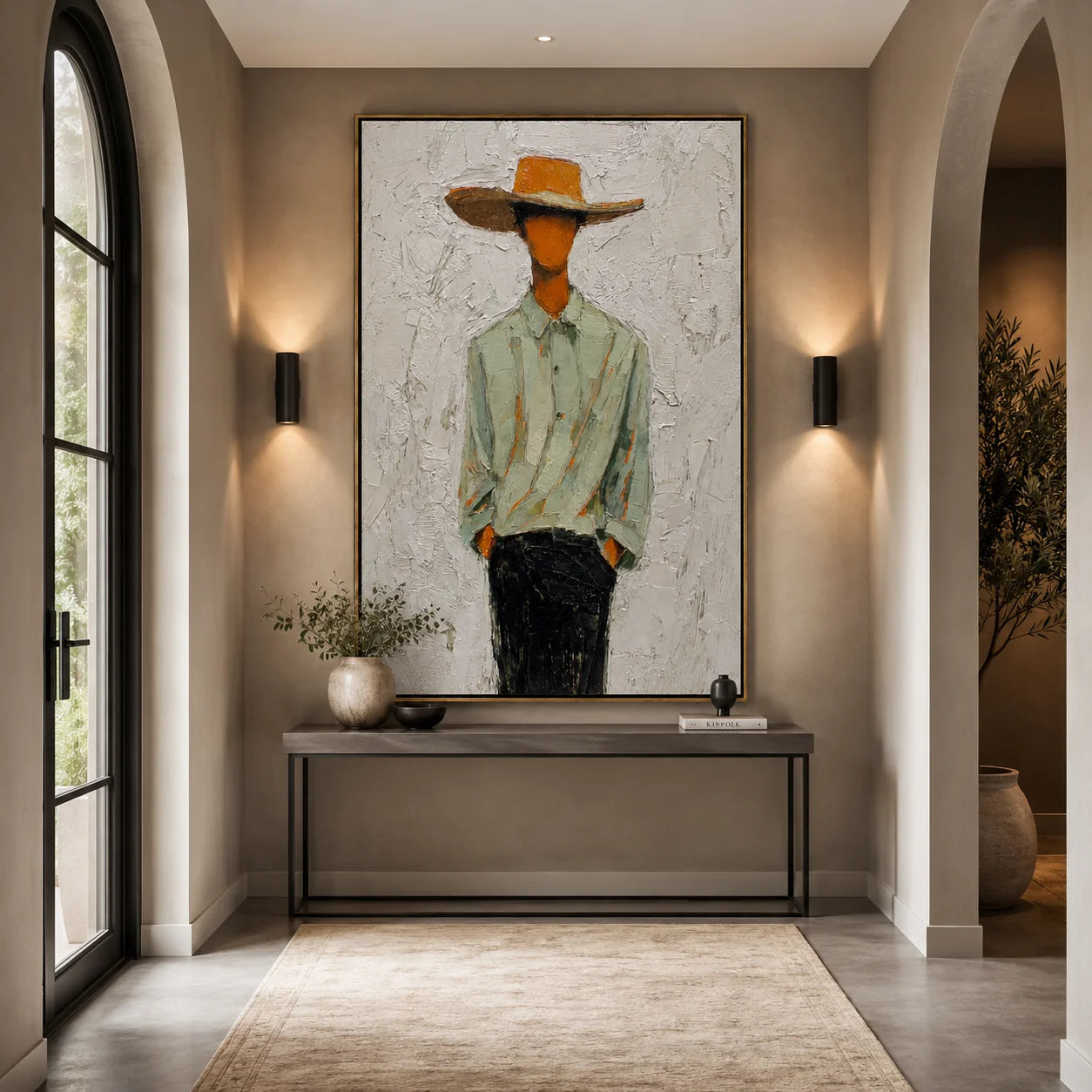 Hand-Painted Minimalist Cowboy Oil Painting, Textured Western Portrait Canvas Wall Art for Modern Farmhouse Decor#OA 0933