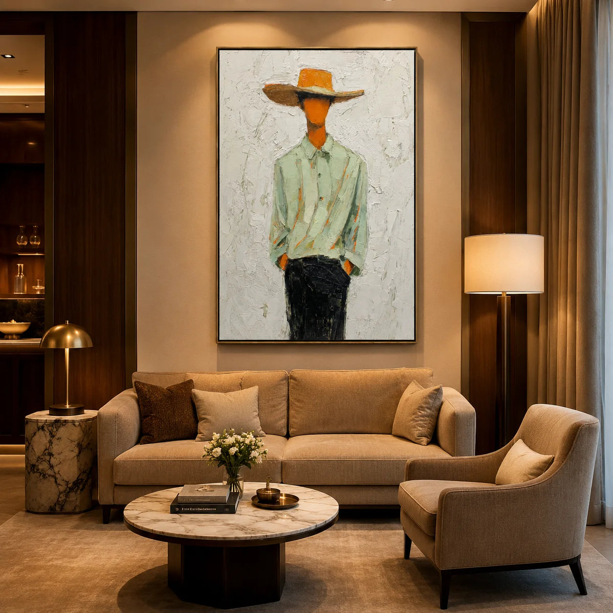 Hand-Painted Minimalist Cowboy Oil Painting, Textured Western Portrait Canvas Wall Art for Modern Farmhouse Decor#OA 0933