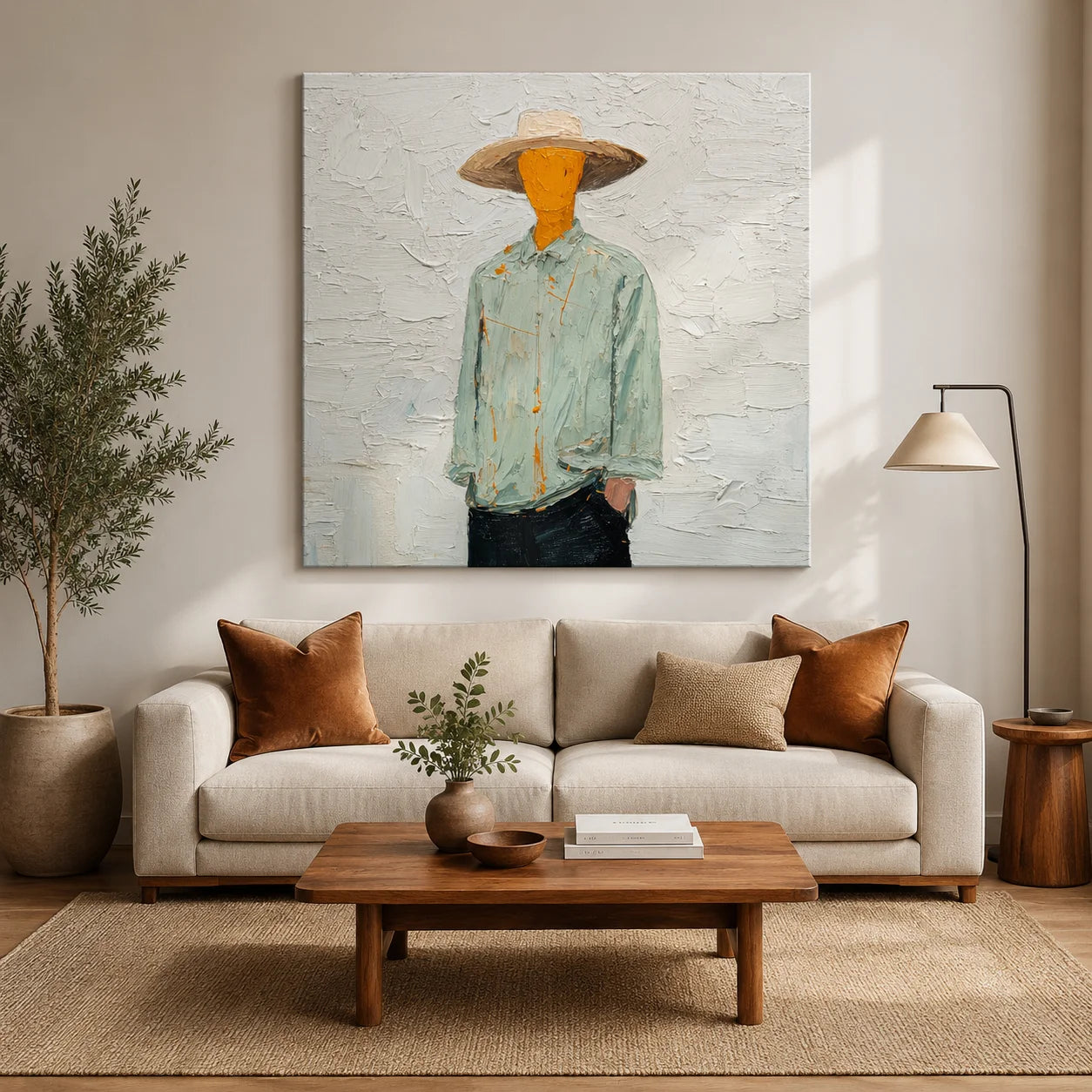 Hand-Painted Minimalist Cowboy Oil Painting, Textured Western Portrait Canvas Wall Art for Modern Home Decor#OA 0930
