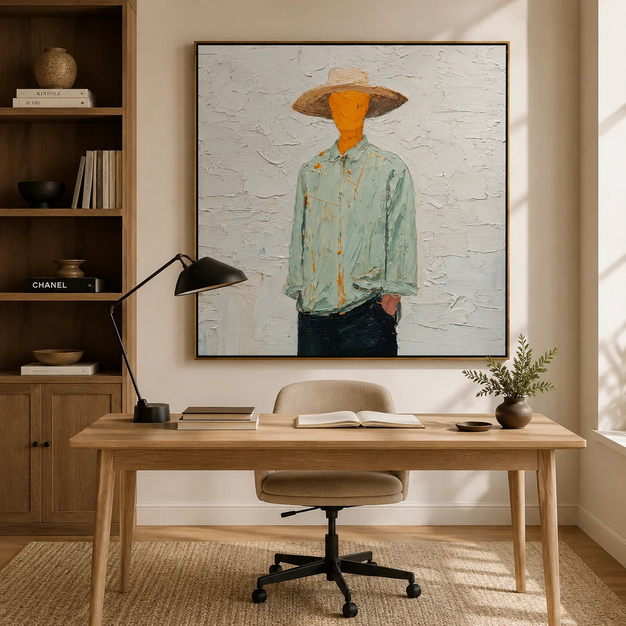 Hand-Painted Minimalist Cowboy Oil Painting, Textured Western Portrait Canvas Wall Art for Modern Home Decor#OA 0930