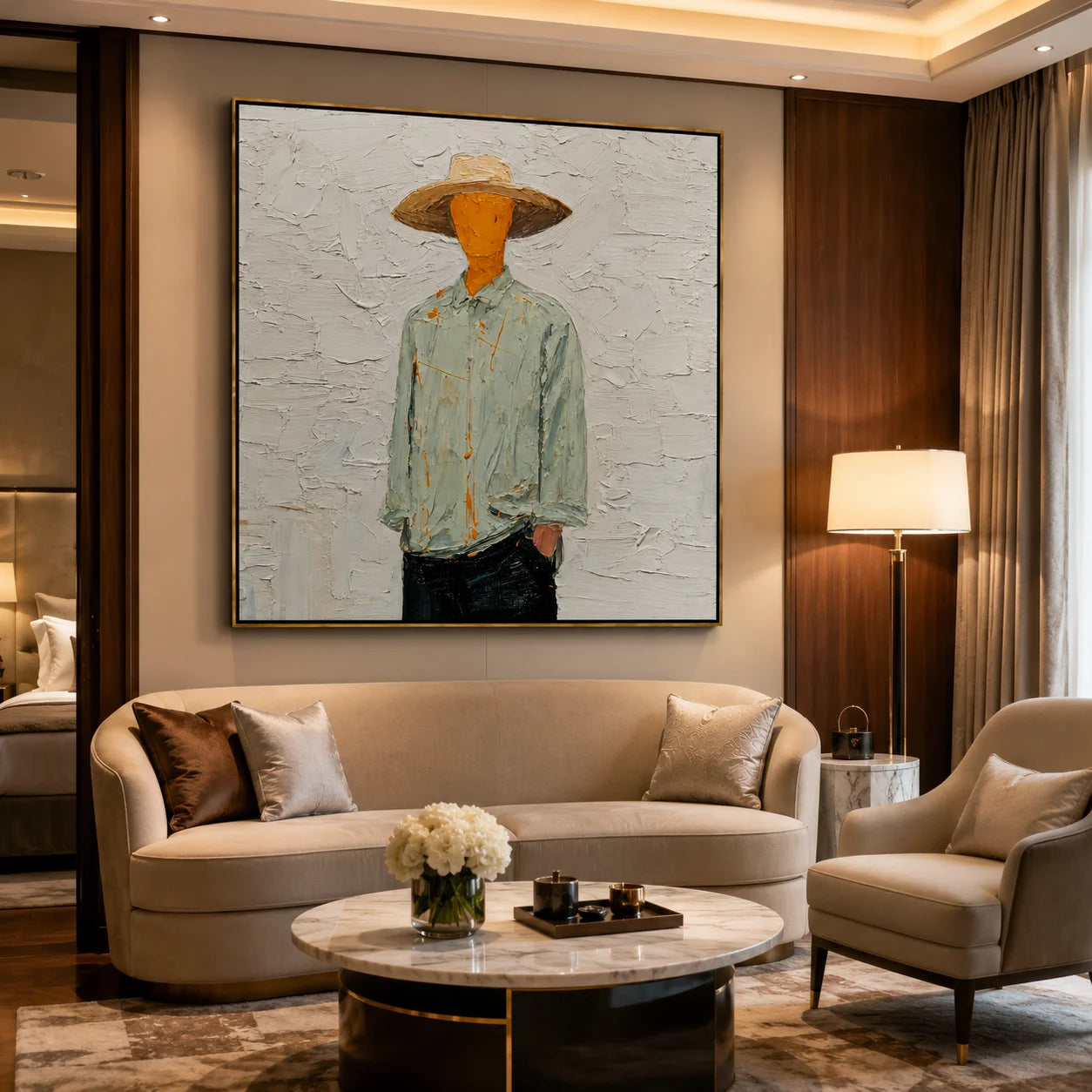 Hand-Painted Minimalist Cowboy Oil Painting, Textured Western Portrait Canvas Wall Art for Modern Home Decor#OA 0930