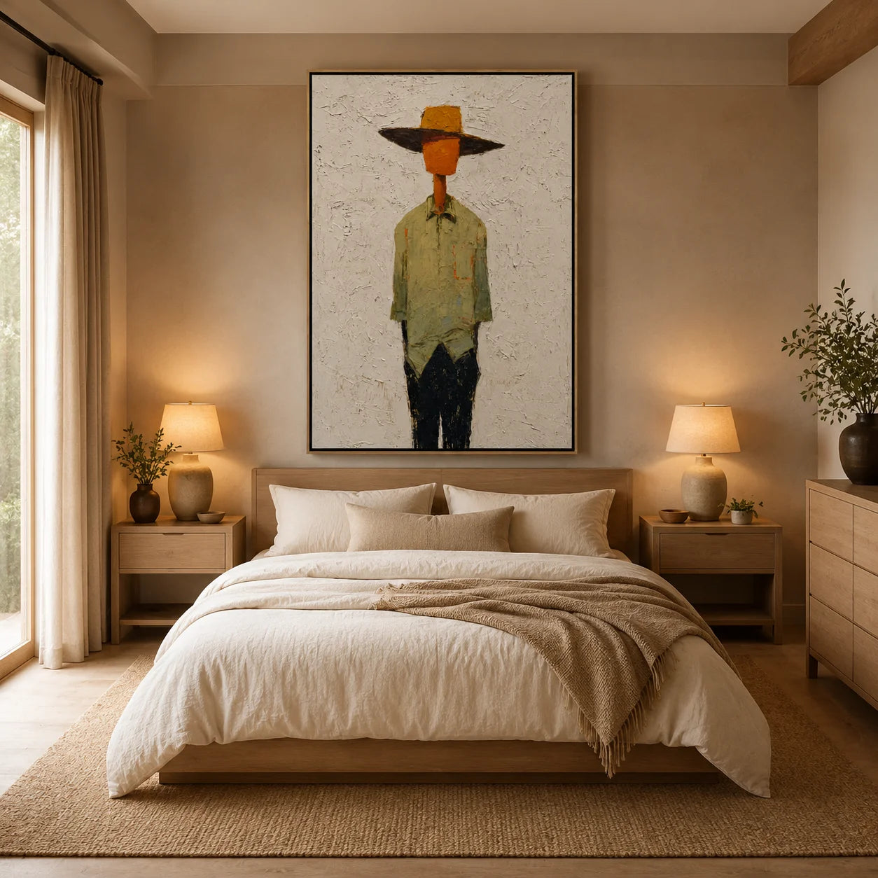 Hand-Painted Minimalist Western Figure Oil Painting, Textured Cowboy Portrait Canvas Wall Art for Modern Home Decor#OA 0932