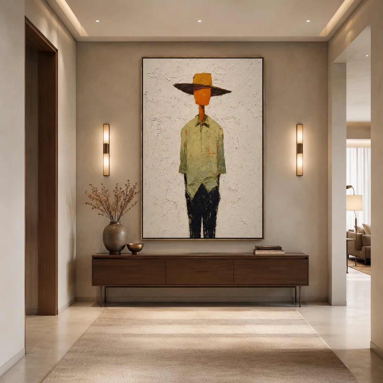 Hand-Painted Minimalist Western Figure Oil Painting, Textured Cowboy Portrait Canvas Wall Art for Modern Home Decor#OA 0932