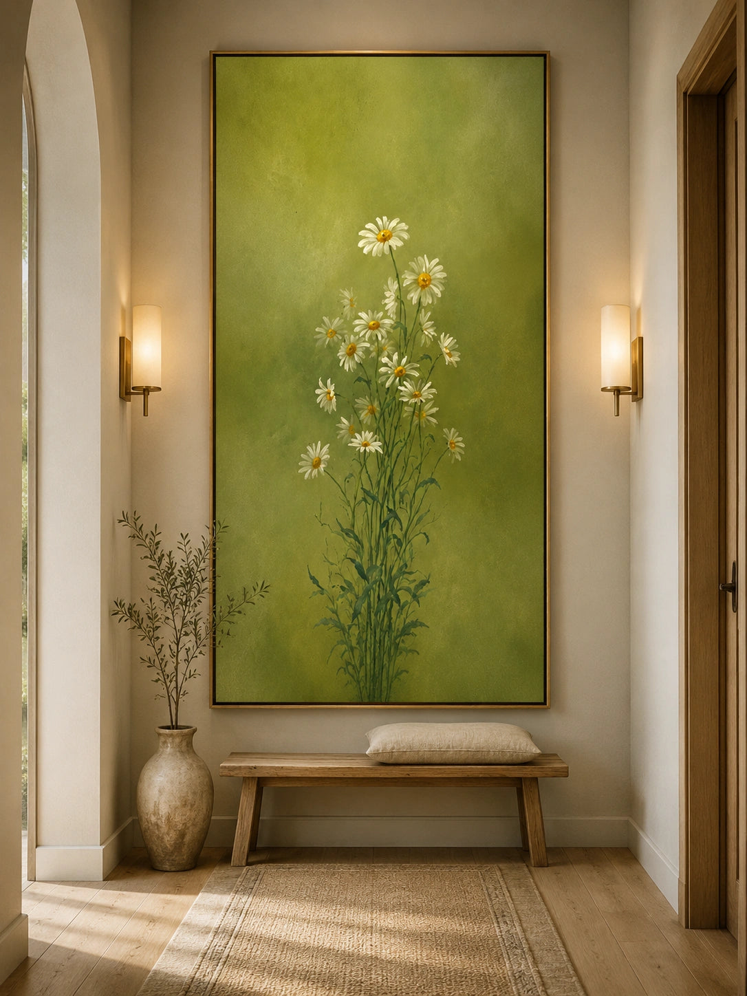Ownanart Hand-Painted Olive Green Daisy Bouquet Oil Painting – Minimalist Botanical Floral Wall Art for Natural Home Decor