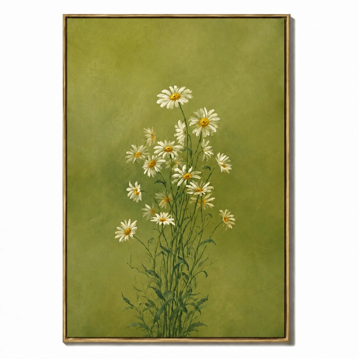 Ownanart Hand-Painted Olive Green Daisy Bouquet Oil Painting – Minimalist Botanical Floral Wall Art for Natural Home Decor # OA 1288