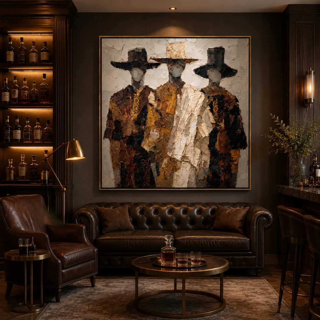 Hand-Painted Textured Figure Oil Painting, Three Men Abstract Portrait Wall Art for Modern Luxury Home Decor #OA 0925