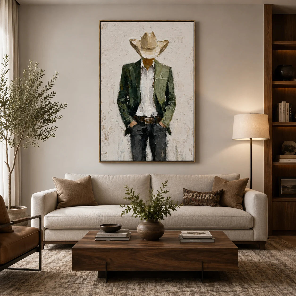 Hand-Painted Western Cowboy Oil Painting, Textured Ranch Portrait Canvas Wall Art for Rustic Luxury Home Decor#OA 0935