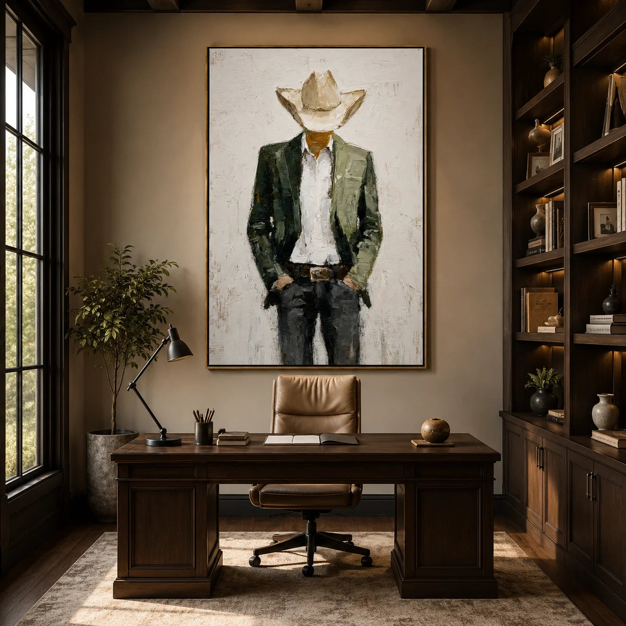 Hand-Painted Western Cowboy Oil Painting, Textured Ranch Portrait Canvas Wall Art for Rustic Luxury Home Decor#OA 0935