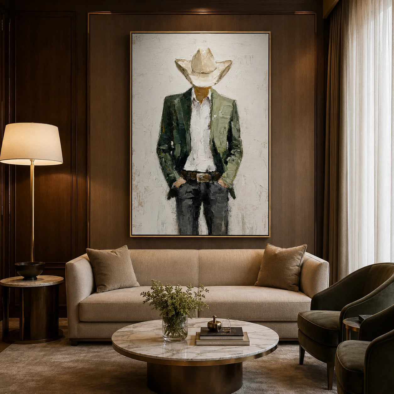 Hand-Painted Western Cowboy Oil Painting, Textured Ranch Portrait Canvas Wall Art for Rustic Luxury Home Decor#OA 0935