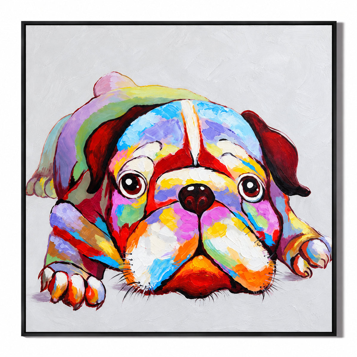 Ownanart Hand-Painted Colorful English Bulldog Resting Oil Painting – Expressive Dog Portrait and Modern Pop Art, 3D Textured Square Impasto Canvas Wall Art for Living Room Bedroom Entryway and Office #OA 1578