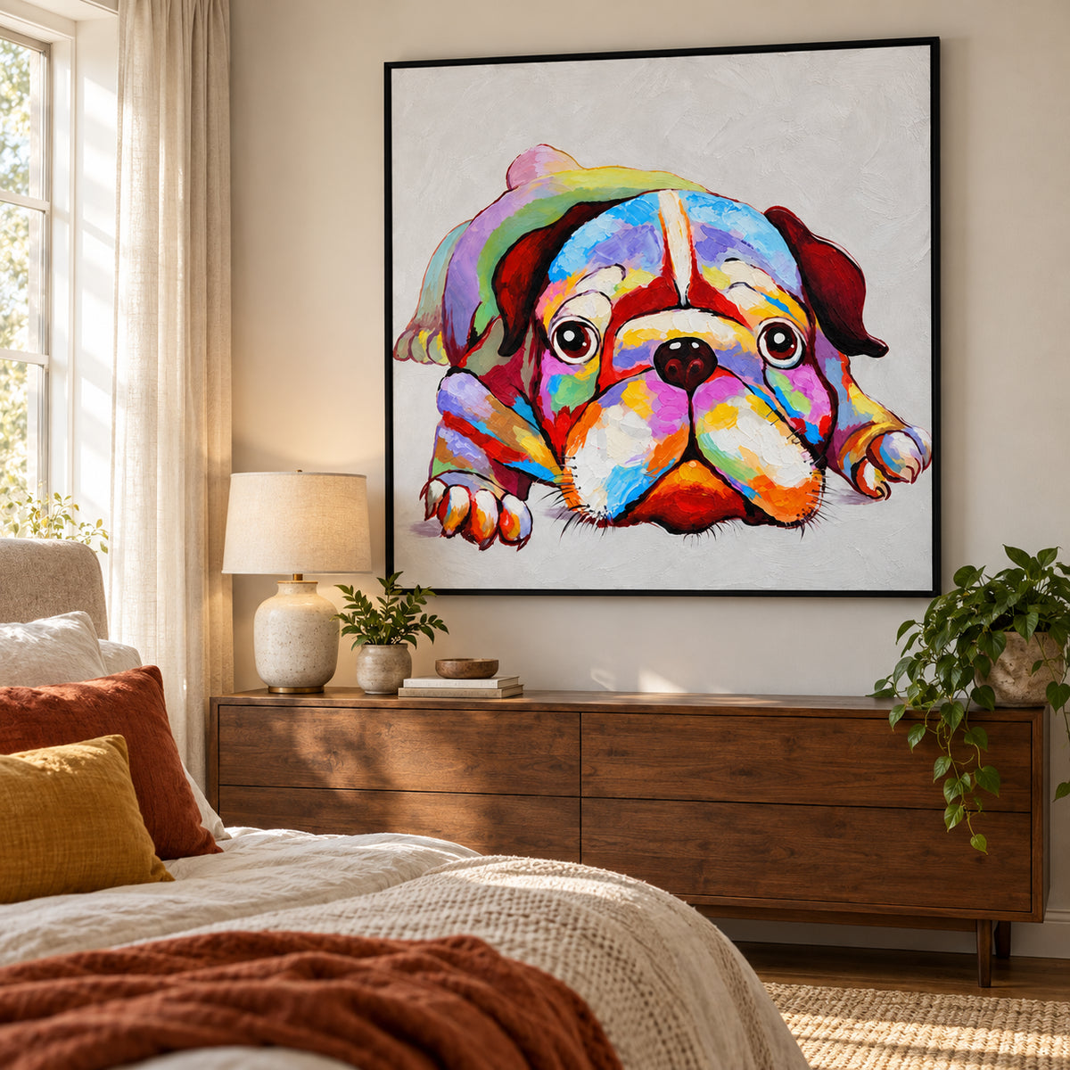 Ownanart Hand-Painted Colorful English Bulldog Resting Oil Painting – Expressive Dog Portrait and Modern Pop Art, 3D Textured Square Impasto Canvas Wall Art for Living Room Bedroom Entryway and Office #OA 1578