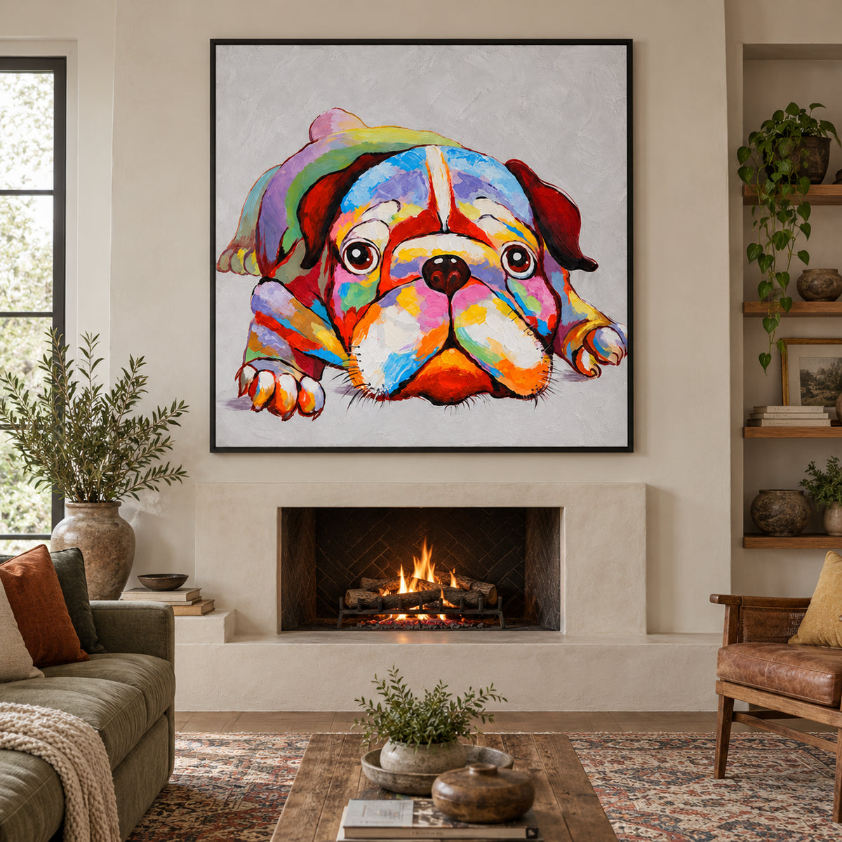 Ownanart Hand-Painted Colorful English Bulldog Resting Oil Painting – Expressive Dog Portrait and Modern Pop Art, 3D Textured Square Impasto Canvas Wall Art for Living Room Bedroom Entryway and Office #OA 1578