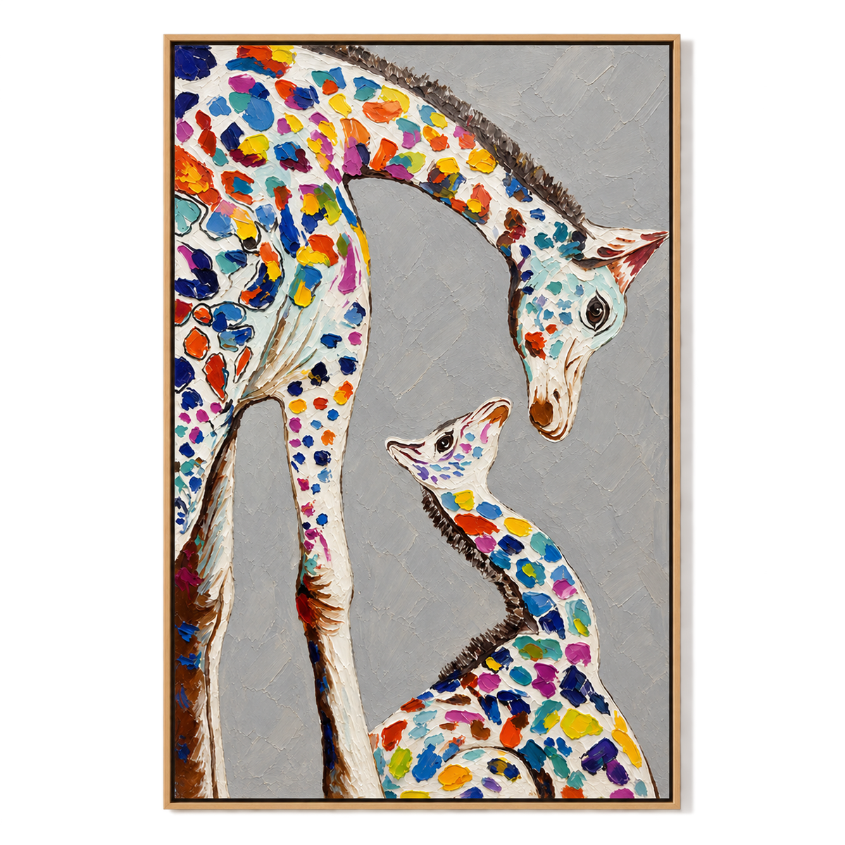 Ownanart Hand-Painted Colorful Mother and Baby Giraffe Oil Painting – Tender Giraffe Family Portrait and Animal Art, 3D Textured Vertical Impasto Canvas Wall Art for Living Room Bedroom Entryway and Office #OA 1579