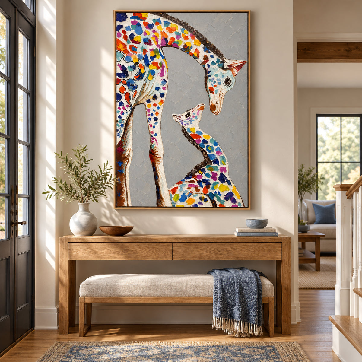 Ownanart Hand-Painted Colorful Mother and Baby Giraffe Oil Painting – Tender Giraffe Family Portrait and Animal Art, 3D Textured Vertical Impasto Canvas Wall Art for Living Room Bedroom Entryway and Office #OA 1579