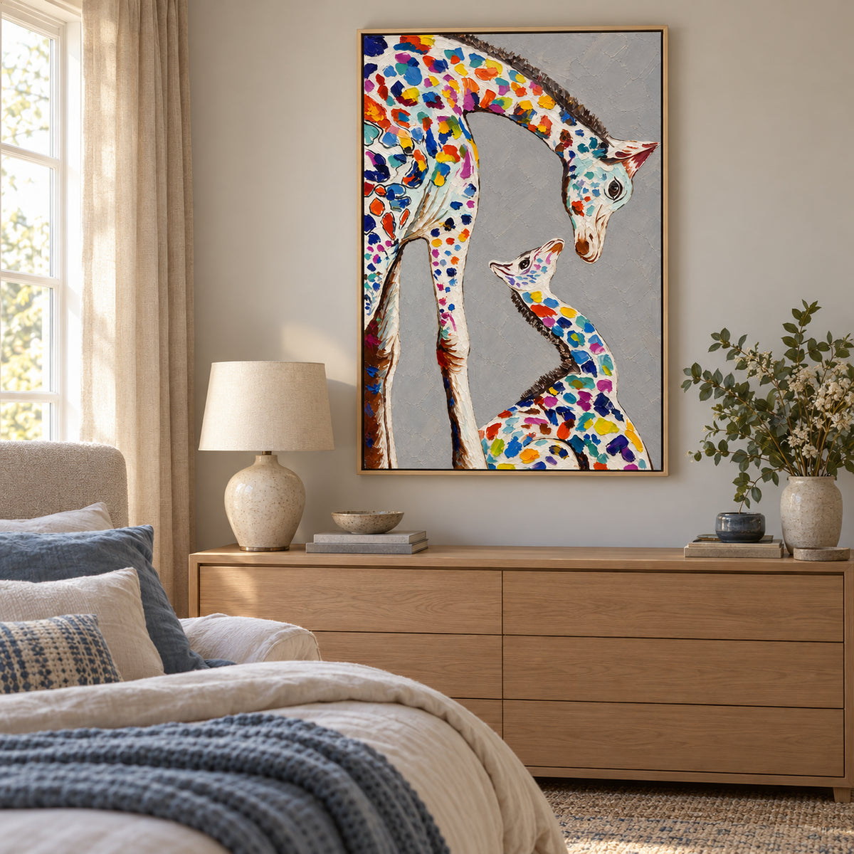 Ownanart Hand-Painted Colorful Mother and Baby Giraffe Oil Painting – Tender Giraffe Family Portrait and Animal Art, 3D Textured Vertical Impasto Canvas Wall Art for Living Room Bedroom Entryway and Office #OA 1579