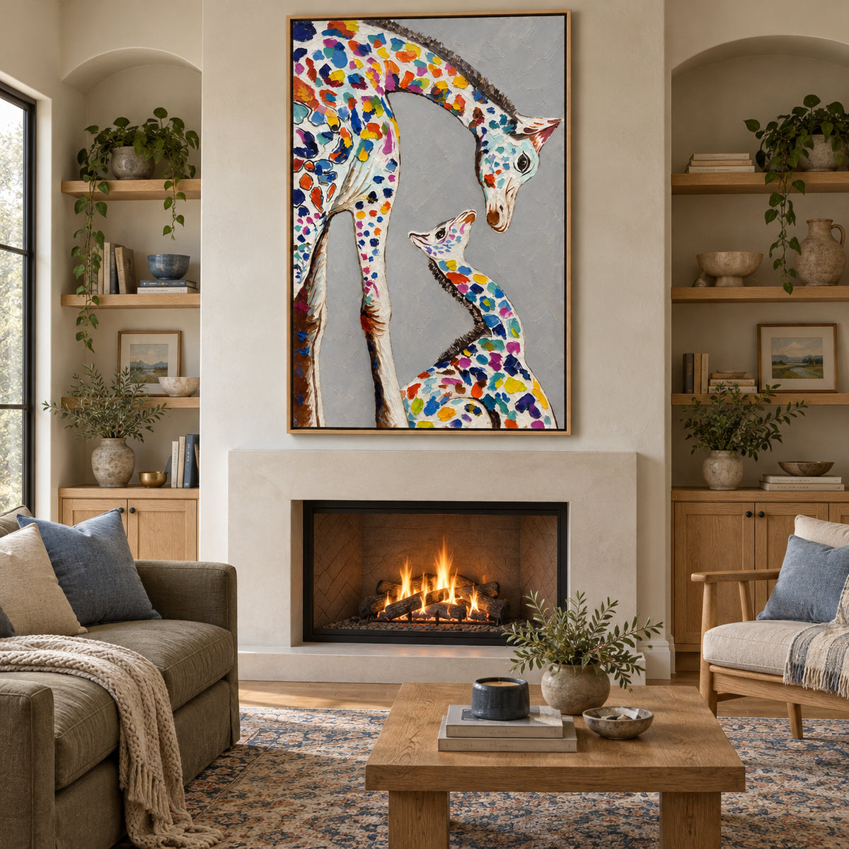 Ownanart Hand-Painted Colorful Mother and Baby Giraffe Oil Painting – Tender Giraffe Family Portrait and Animal Art, 3D Textured Vertical Impasto Canvas Wall Art for Living Room Bedroom Entryway and Office #OA 1579