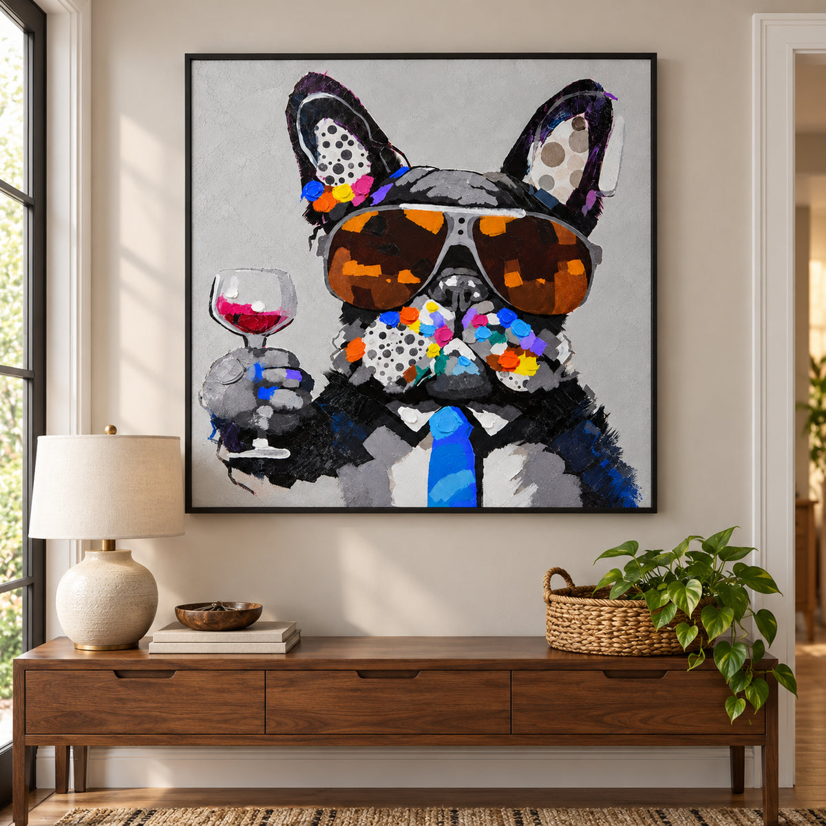 Ownanart Hand-Painted French Bulldog Wearing Aviator Sunglasses and Blue Tie Holding a Wine Glass Oil Painting – Modern Animal Art, 3D Textured Square Impasto Canvas Wall Art for Living Room Bedroom Entryway and Office #OA 1580