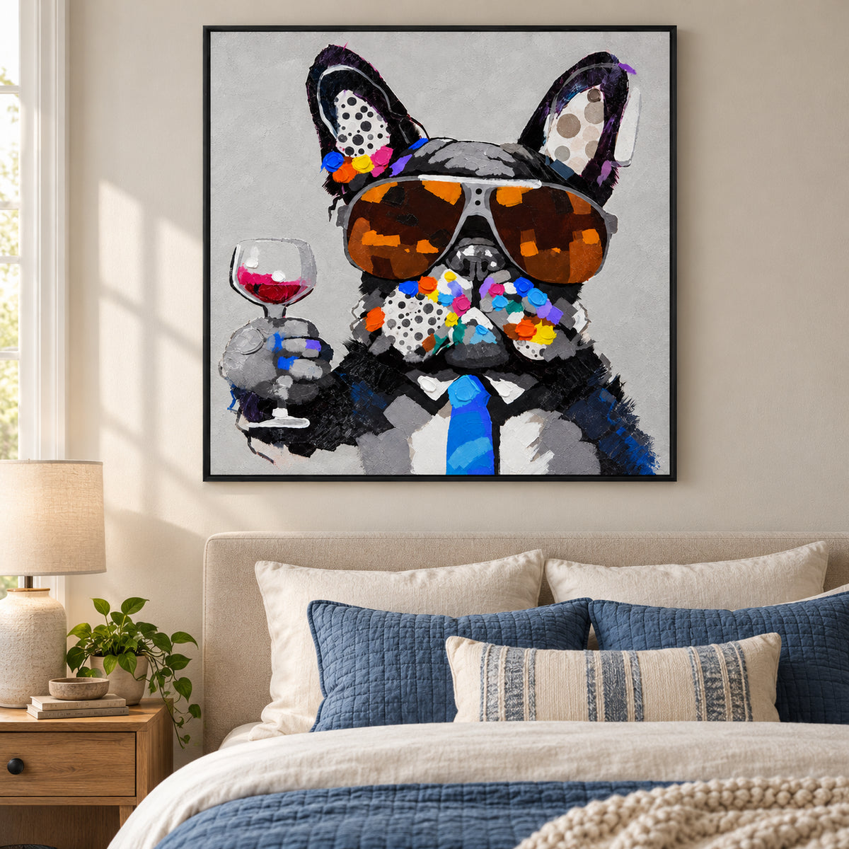 Ownanart Hand-Painted French Bulldog Wearing Aviator Sunglasses and Blue Tie Holding a Wine Glass Oil Painting – Modern Animal Art, 3D Textured Square Impasto Canvas Wall Art for Living Room Bedroom Entryway and Office #OA 1580