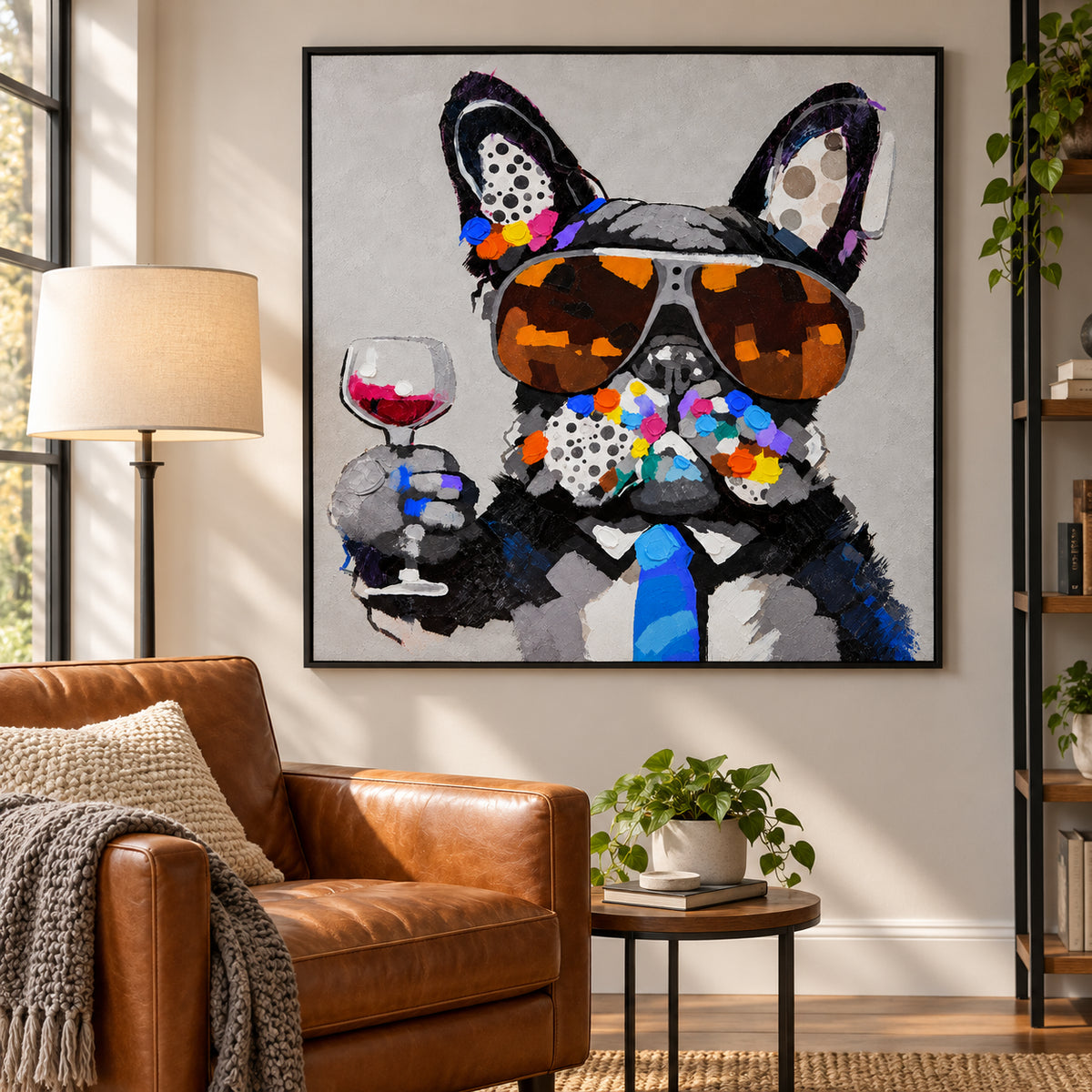 Ownanart Hand-Painted French Bulldog Wearing Aviator Sunglasses and Blue Tie Holding a Wine Glass Oil Painting – Modern Animal Art, 3D Textured Square Impasto Canvas Wall Art for Living Room Bedroom Entryway and Office #OA 1580