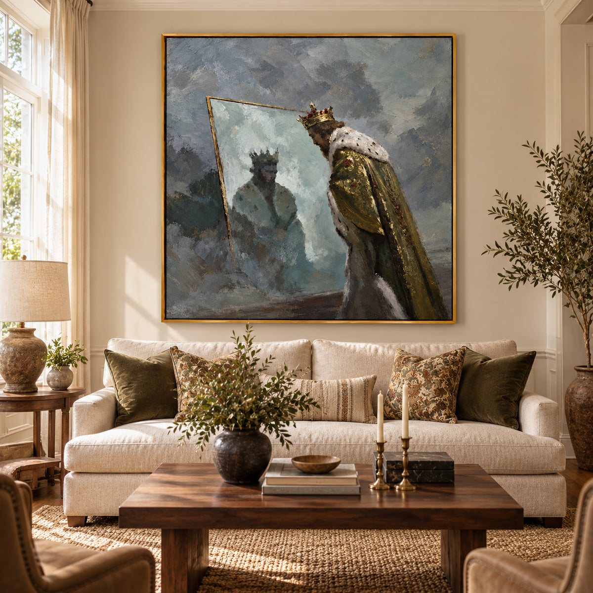 Ownanart Hand-Painted King Looking into a Mirror Oil Painting – Royal Portrait and Reflective Figurative Art, 3D Textured Square Impasto Canvas Wall Art for Living Room Bedroom Entryway and Office #OA 1576