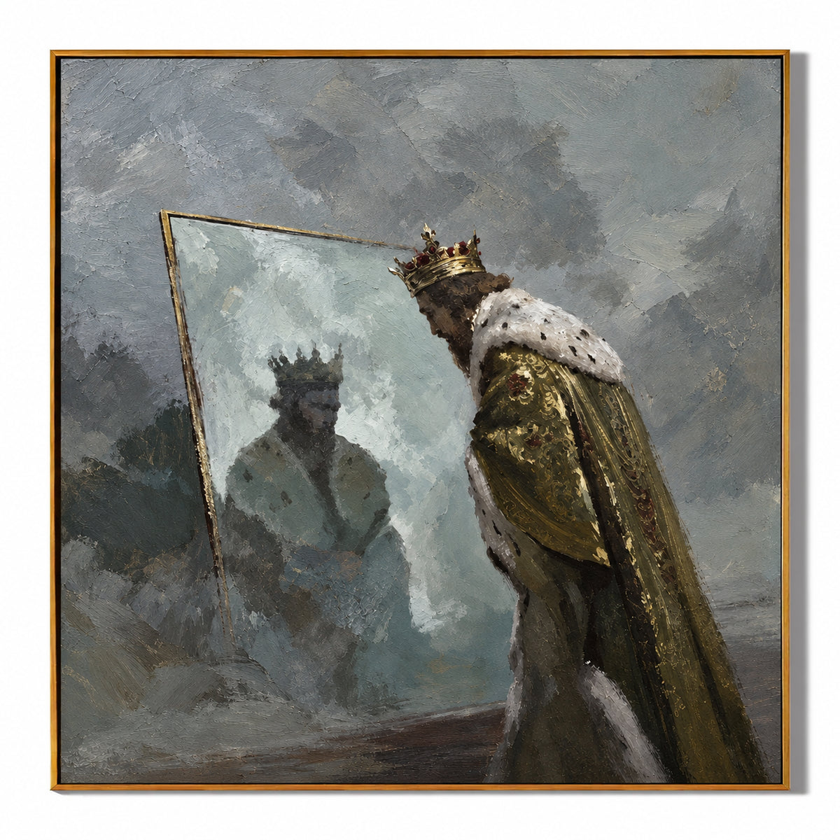 Ownanart Hand-Painted King Looking into a Mirror Oil Painting – Royal Portrait and Reflective Figurative Art, 3D Textured Square Impasto Canvas Wall Art for Living Room Bedroom Entryway and Office #OA 1576