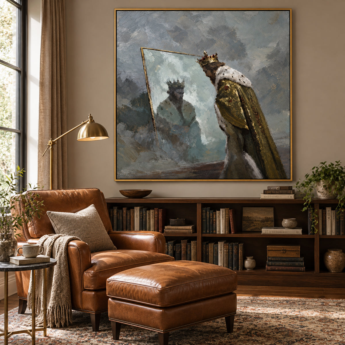 Ownanart Hand-Painted King Looking into a Mirror Oil Painting – Royal Portrait and Reflective Figurative Art, 3D Textured Square Impasto Canvas Wall Art for Living Room Bedroom Entryway and Office #OA 1576