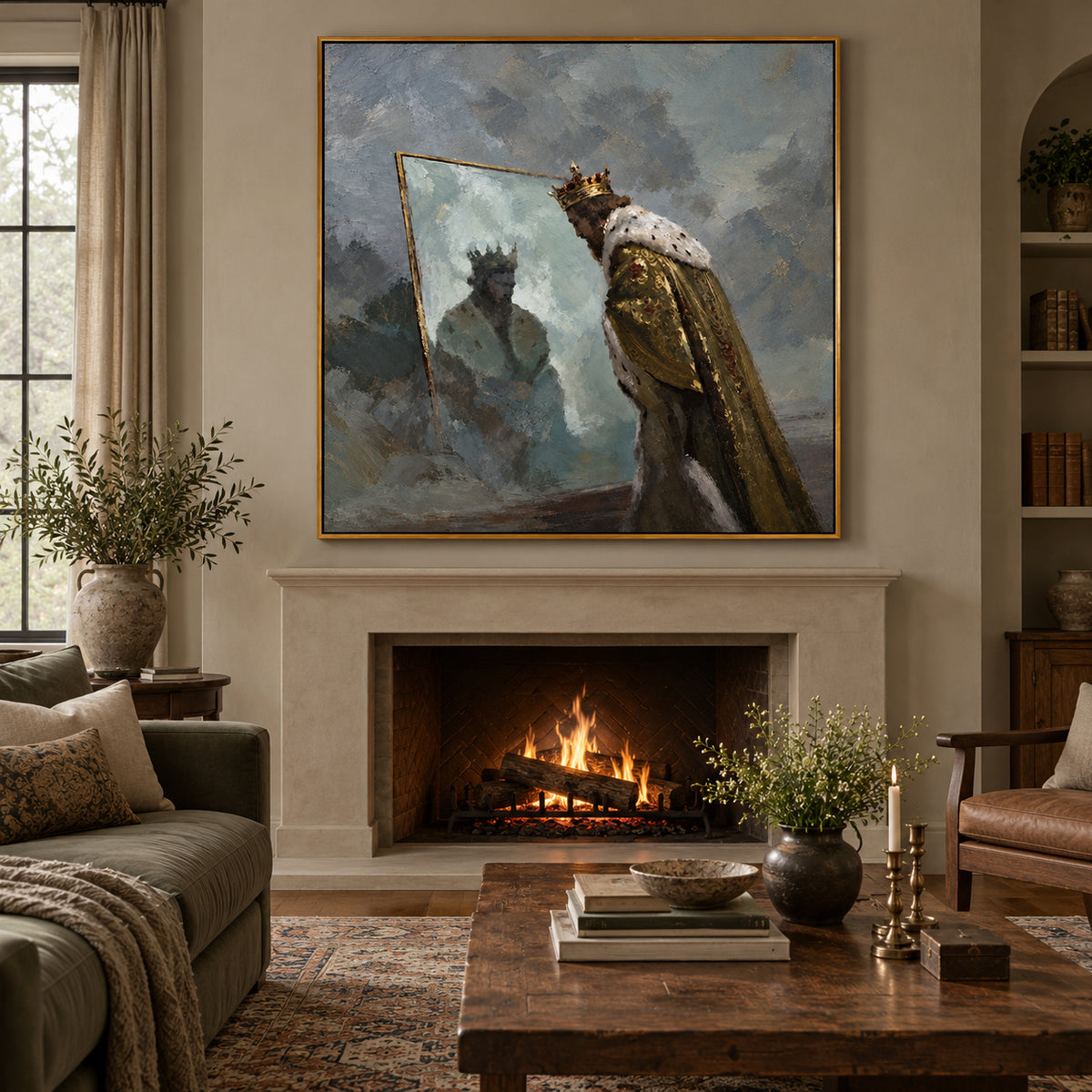 Ownanart Hand-Painted King Looking into a Mirror Oil Painting – Royal Portrait and Reflective Figurative Art, 3D Textured Square Impasto Canvas Wall Art for Living Room Bedroom Entryway and Office #OA 1576