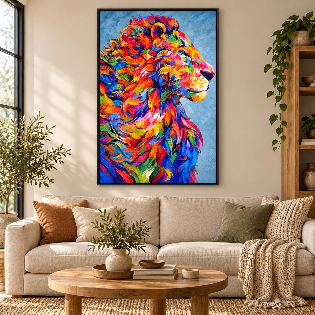Ownanart Hand-Painted Right Facing Lion with Flowing Rainbow Mane Oil Painting – Modern Animal Art, 3D Textured Vertical Impasto Canvas Wall Art for Living Room Bedroom Entryway and Office #OA 1584