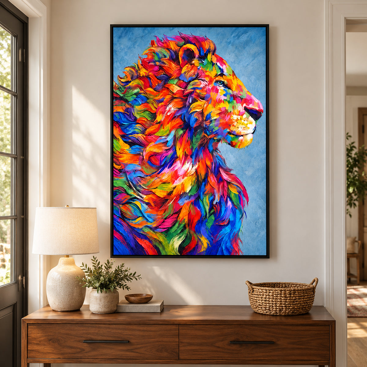 Ownanart Hand-Painted Right Facing Lion with Flowing Rainbow Mane Oil Painting – Modern Animal Art, 3D Textured Vertical Impasto Canvas Wall Art for Living Room Bedroom Entryway and Office #OA 1584