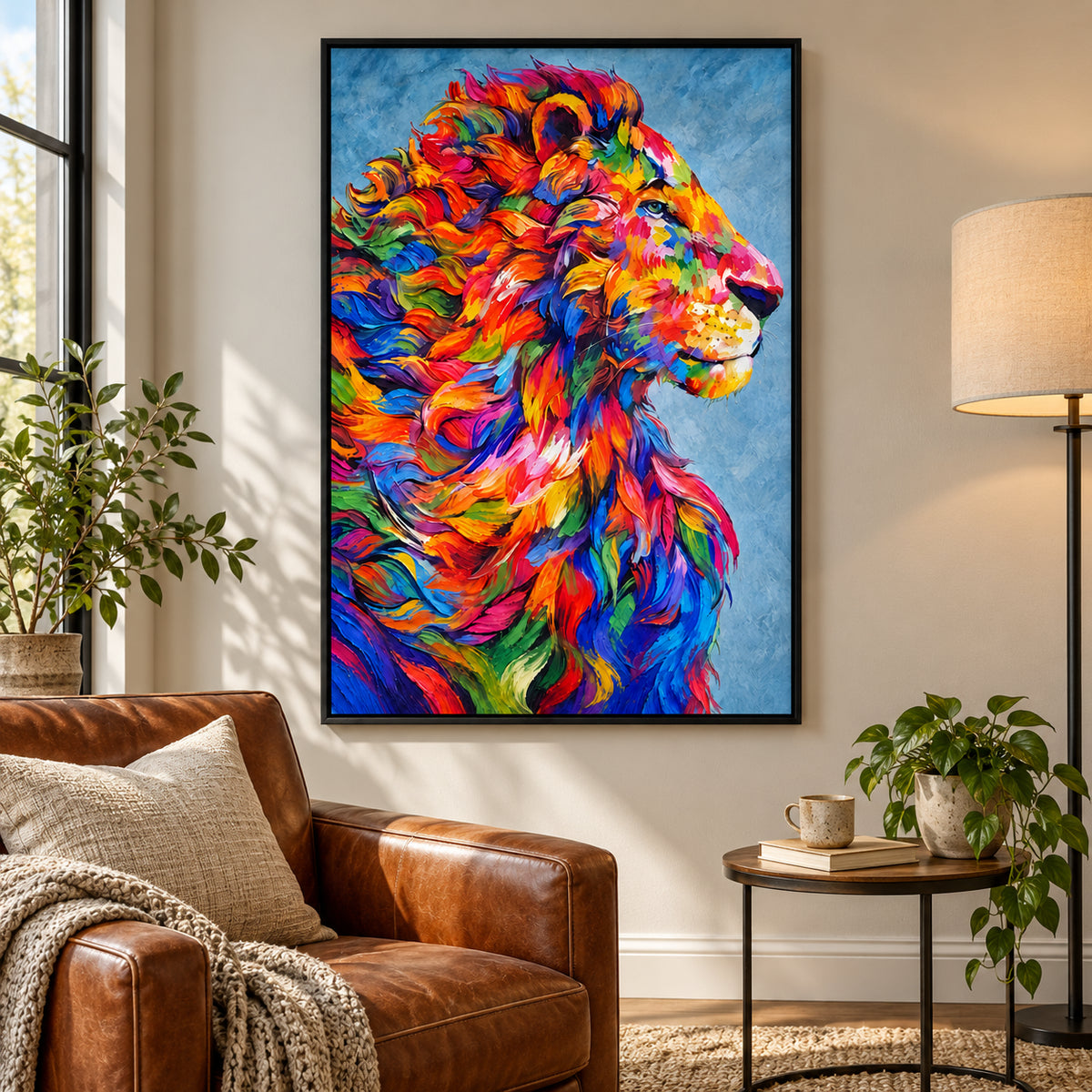 Ownanart Hand-Painted Right Facing Lion with Flowing Rainbow Mane Oil Painting – Modern Animal Art, 3D Textured Vertical Impasto Canvas Wall Art for Living Room Bedroom Entryway and Office #OA 1584