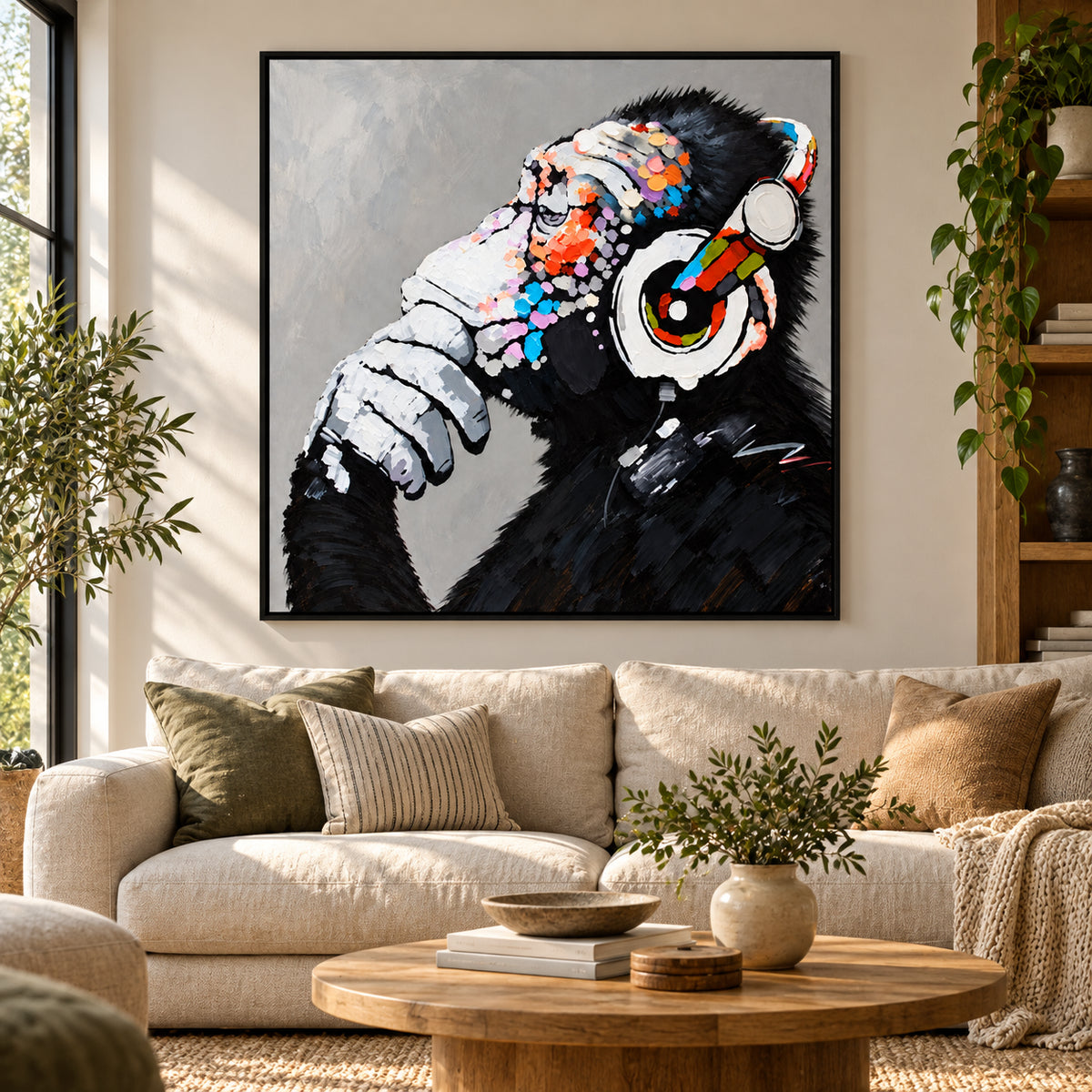 Ownanart Hand-Painted Thoughtful Chimpanzee Wearing Colorful Headphones Oil Painting – Modern Animal Art, 3D Textured Square Impasto Canvas Wall Art for Living Room Bedroom Entryway and Office #OA 1581