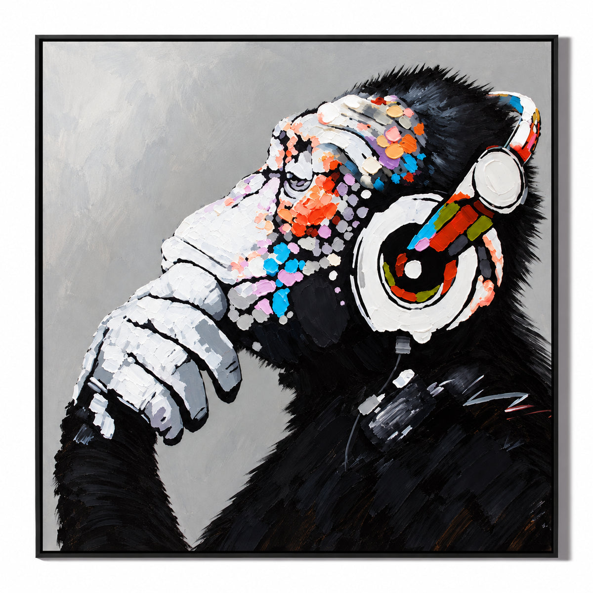 Ownanart Hand-Painted Thoughtful Chimpanzee Wearing Colorful Headphones Oil Painting – Modern Animal Art, 3D Textured Square Impasto Canvas Wall Art for Living Room Bedroom Entryway and Office #OA 1581