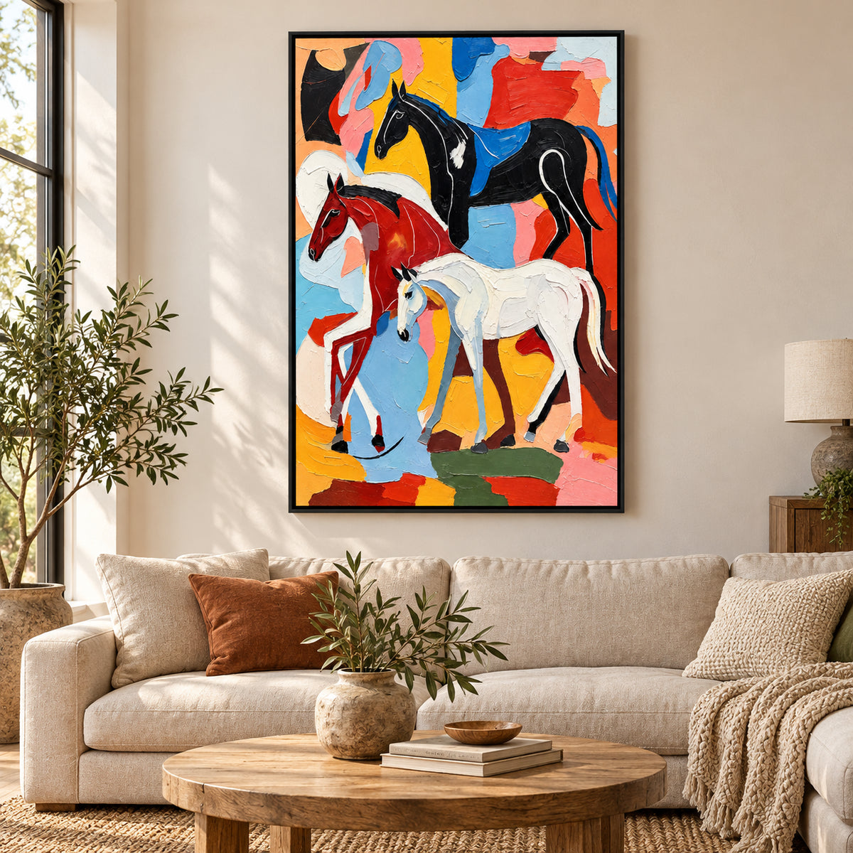 Ownanart Hand-Painted Three Black White and Chestnut Horses Oil Painting – Modern Animal Art, 3D Textured Vertical Impasto Canvas Wall Art for Living Room Bedroom Entryway and Office #OA 1583