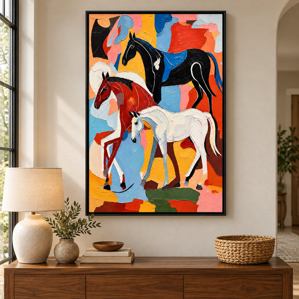 Ownanart Hand-Painted Three Black White and Chestnut Horses Oil Painting – Modern Animal Art, 3D Textured Vertical Impasto Canvas Wall Art for Living Room Bedroom Entryway and Office #OA 1583