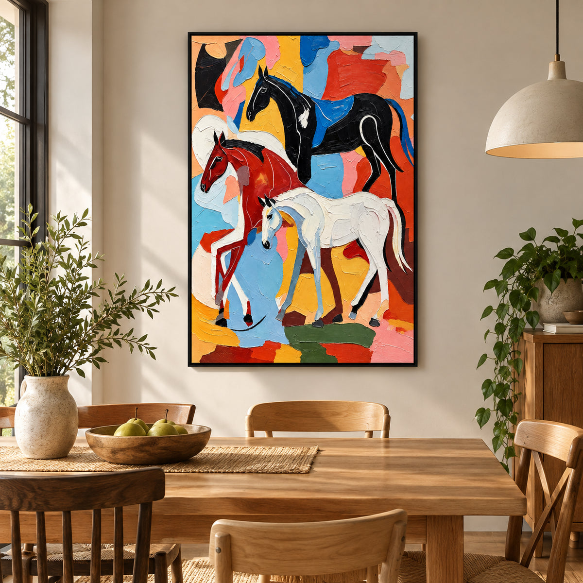 Ownanart Hand-Painted Three Black White and Chestnut Horses Oil Painting – Modern Animal Art, 3D Textured Vertical Impasto Canvas Wall Art for Living Room Bedroom Entryway and Office #OA 1583