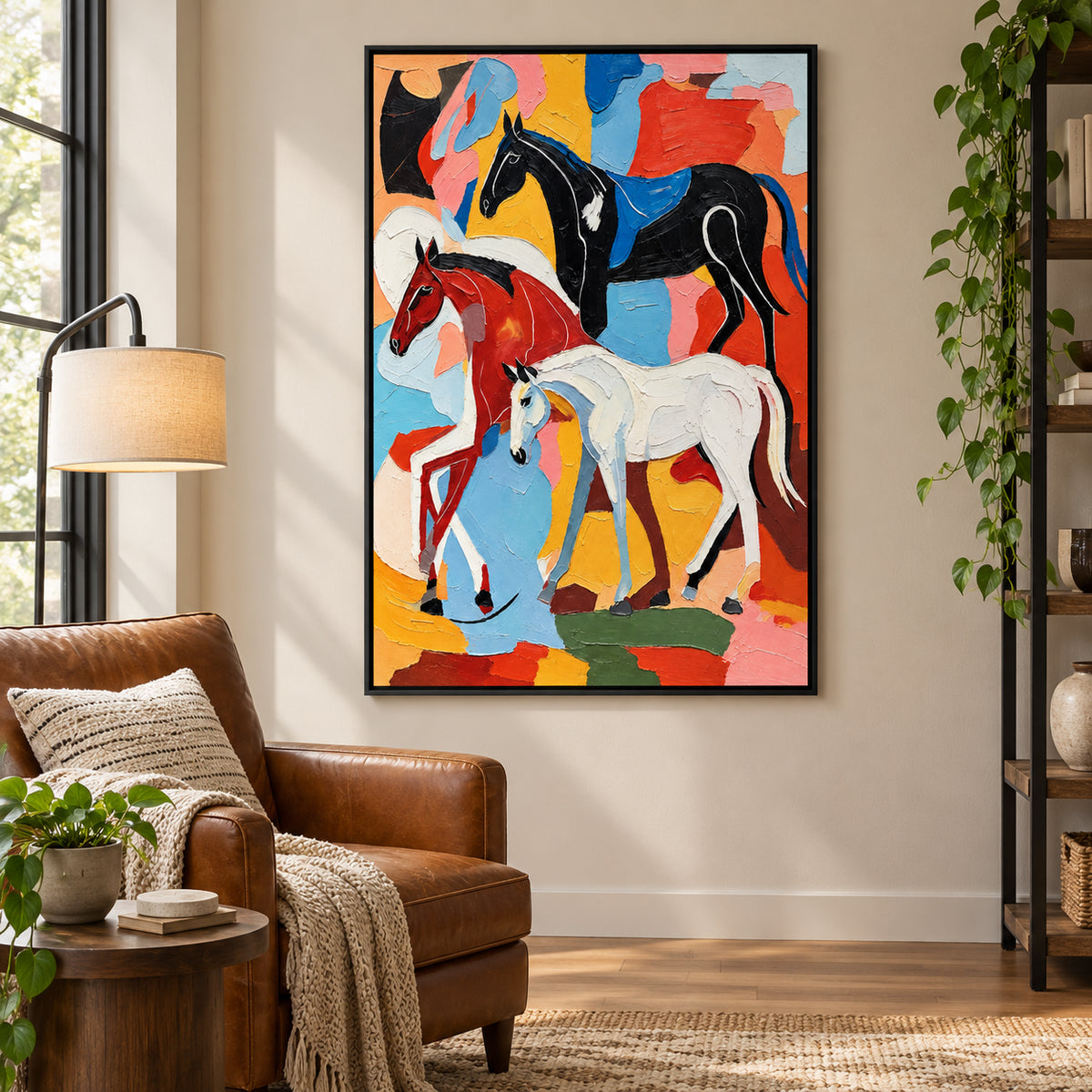 Ownanart Hand-Painted Three Black White and Chestnut Horses Oil Painting – Modern Animal Art, 3D Textured Vertical Impasto Canvas Wall Art for Living Room Bedroom Entryway and Office #OA 1583