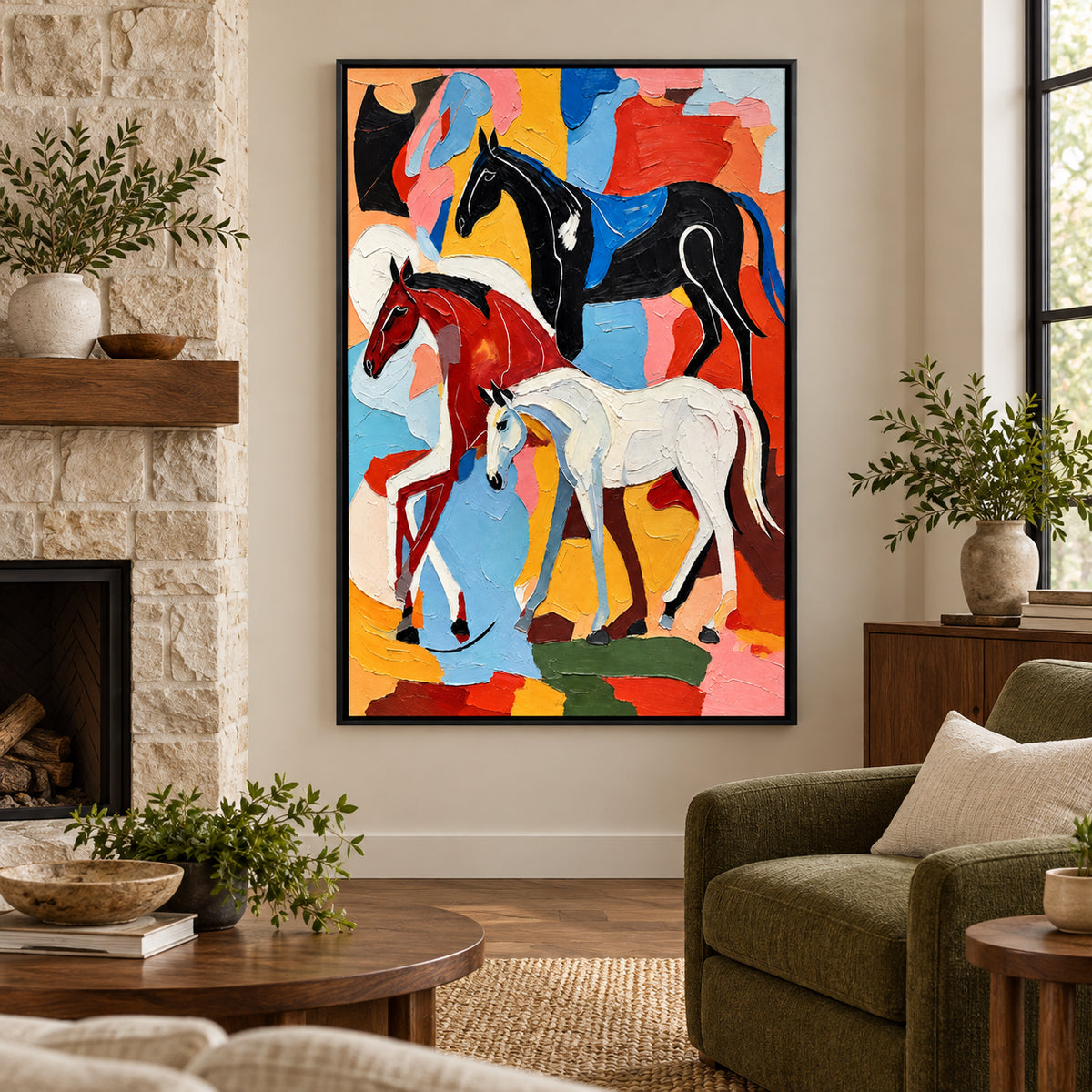 Ownanart Hand-Painted Three Black White and Chestnut Horses Oil Painting – Modern Animal Art, 3D Textured Vertical Impasto Canvas Wall Art for Living Room Bedroom Entryway and Office #OA 1583