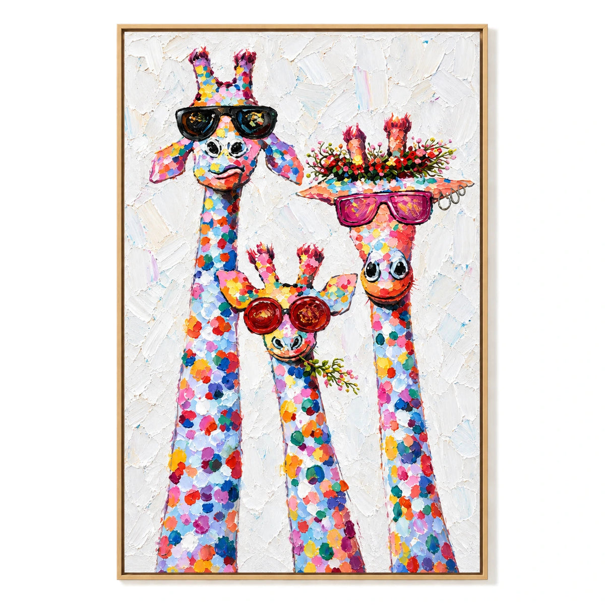 Ownanart Hand-Painted Three Colorful Giraffes Wearing Sunglasses and Floral Crown Oil Painting – 3D Textured Vertical Impasto Canvas Wall Art for Living Room Bedroom Entryway and Office OA 1567