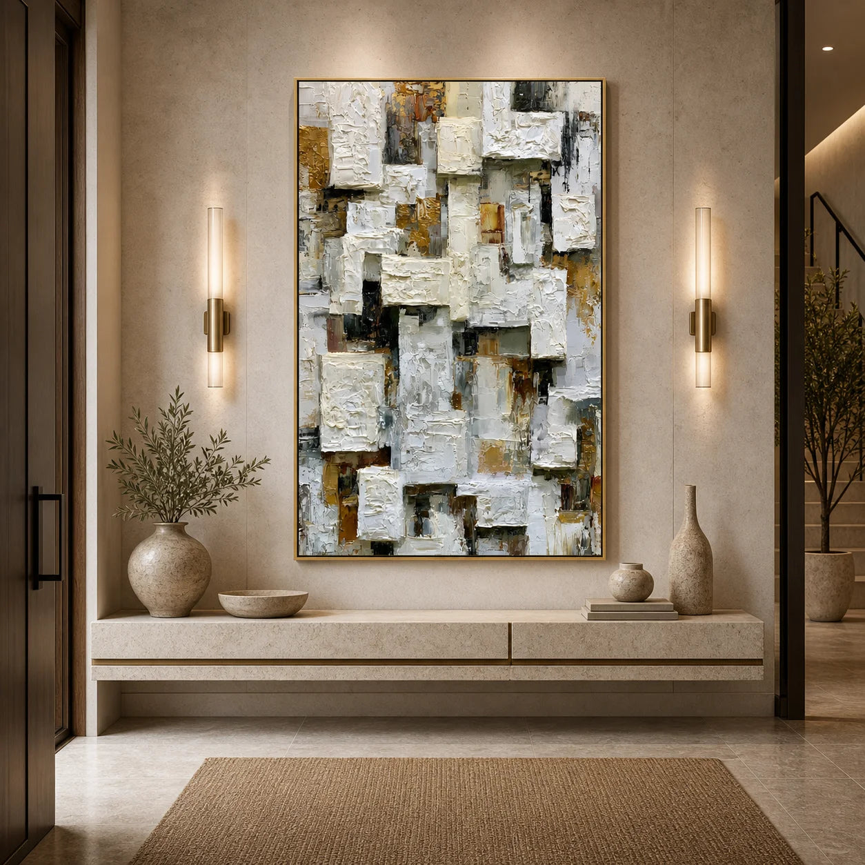 Modern Abstract Geometric Hand-Painted Oil Painting | Heavy Texture Minimalist Wall Art | Neutral White & Gold Contemporary Canvas Artwork for Living Room, Office & Hotel OA # 1090