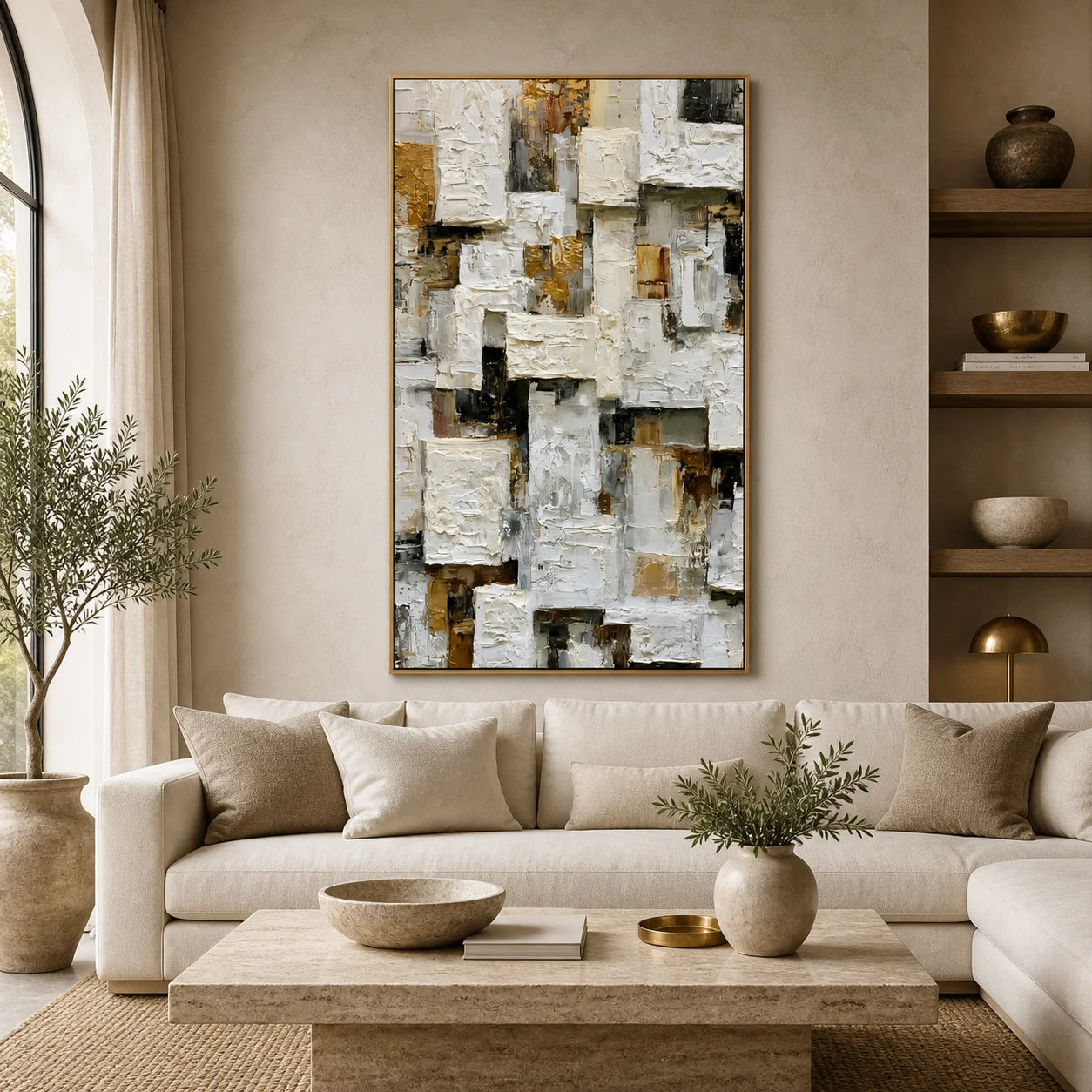 Modern Abstract Geometric Hand-Painted Oil Painting | Heavy Texture Minimalist Wall Art | Neutral White & Gold Contemporary Canvas Artwork for Living Room, Office & Hotel OA # 1090