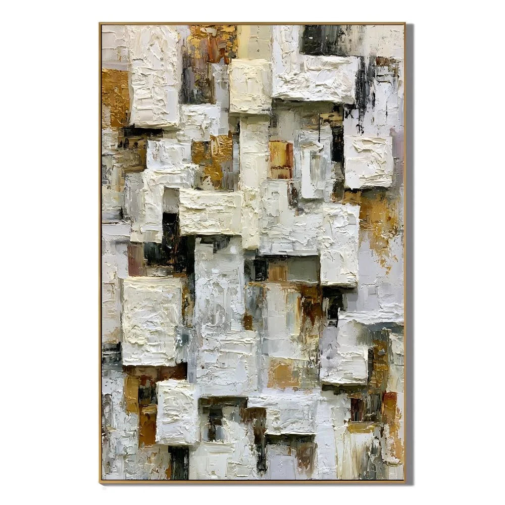 Modern Abstract Geometric Hand-Painted Oil Painting | Heavy Texture Minimalist Wall Art | Neutral White & Gold Contemporary Canvas Artwork for Living Room, Office & Hotel OA # 1090