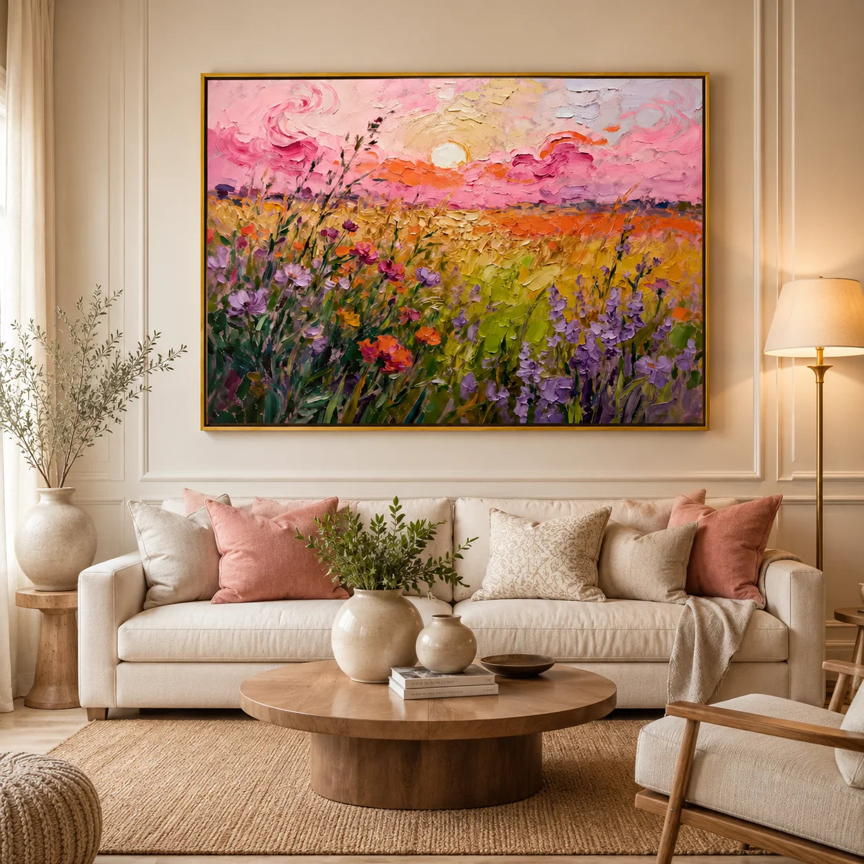 Large Wildflower Sunset Landscape Wall Art – Colorful Floral Field Oil Painting Canvas
