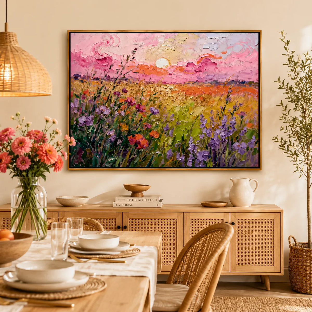 Large Wildflower Sunset Landscape Wall Art – Colorful Floral Field Oil Painting Canvas
