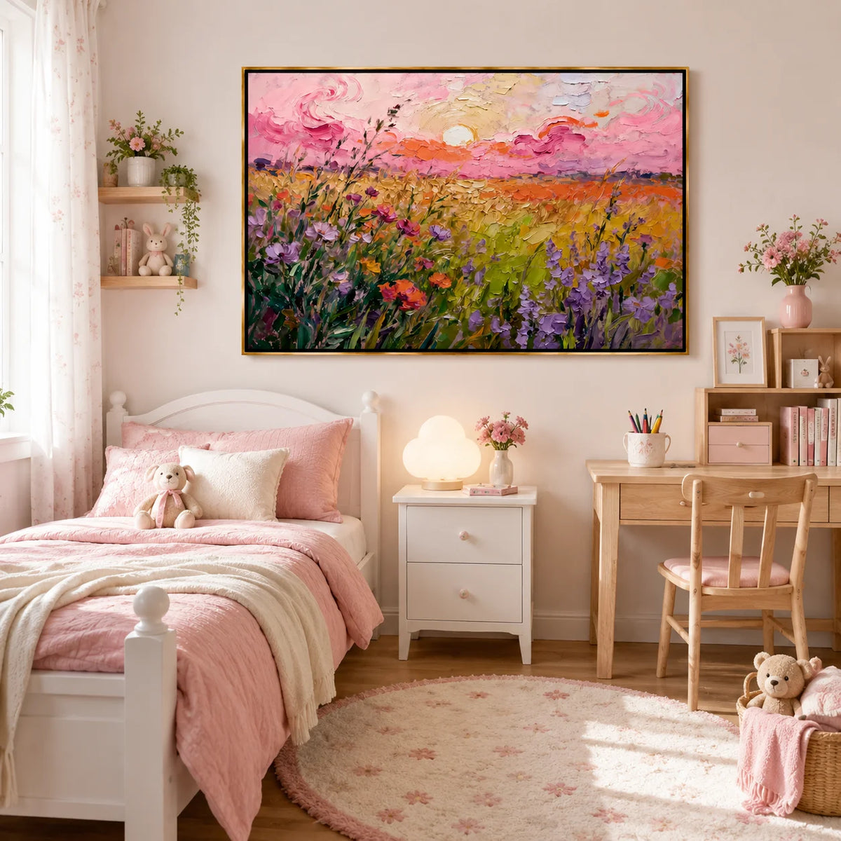 Large Wildflower Sunset Landscape Wall Art – Colorful Floral Field Oil Painting Canvas