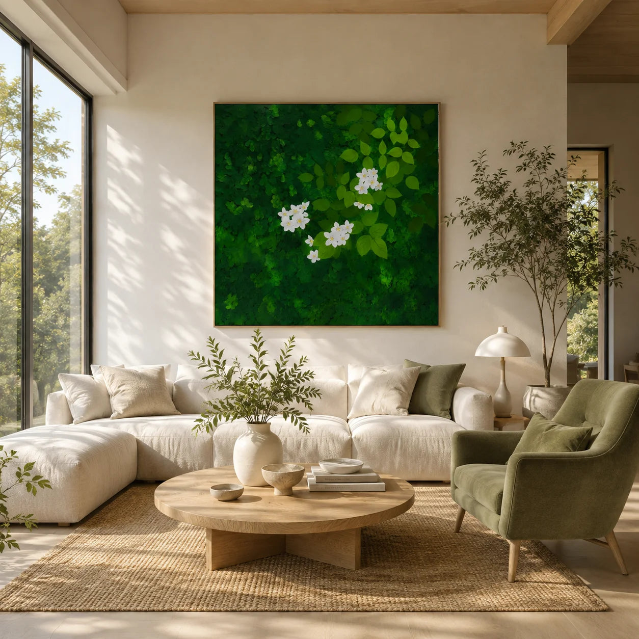 Ownanart Original Hand-Painted Green Forest & White Flower Oil Painting – Modern Botanical Leaf Impasto Floral Wall Art, Nature-Inspired Green Artwork # OA 1335