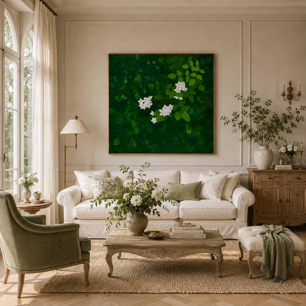 Ownanart Original Hand-Painted Green Forest & White Flower Oil Painting – Modern Botanical Leaf Impasto Floral Wall Art, Nature-Inspired Green Artwork # OA 1335