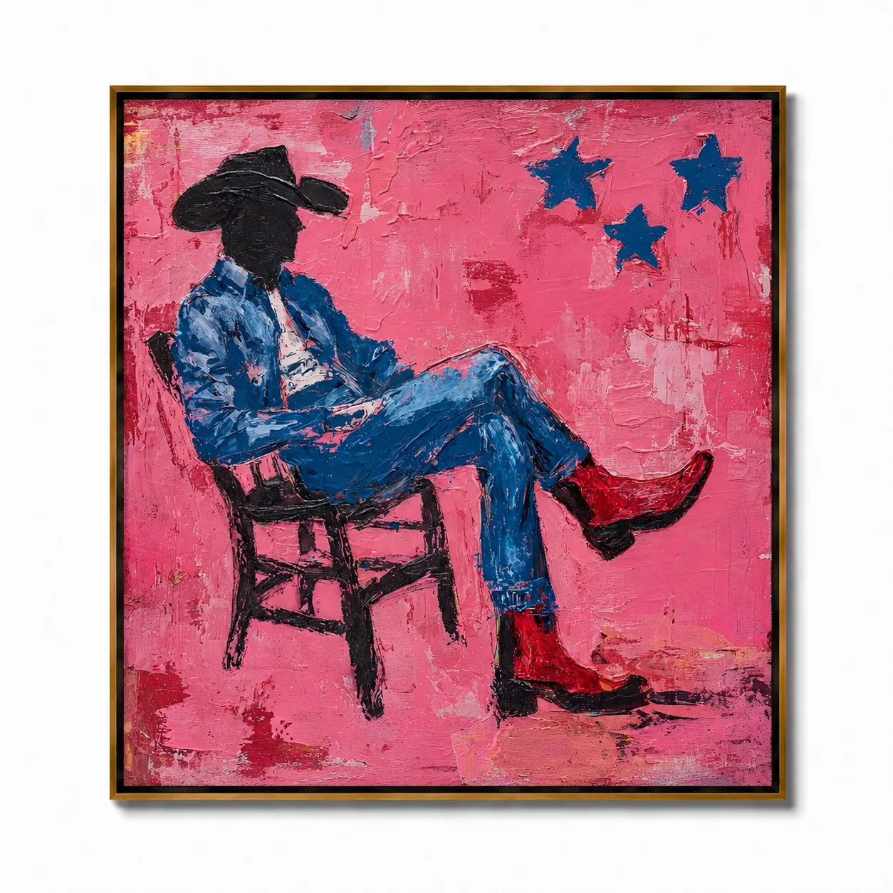 Pink Cowboy Hand-Painted Oil Painting, Textured Western Wall Art with Red Boots for Modern Home Decor #OA0962