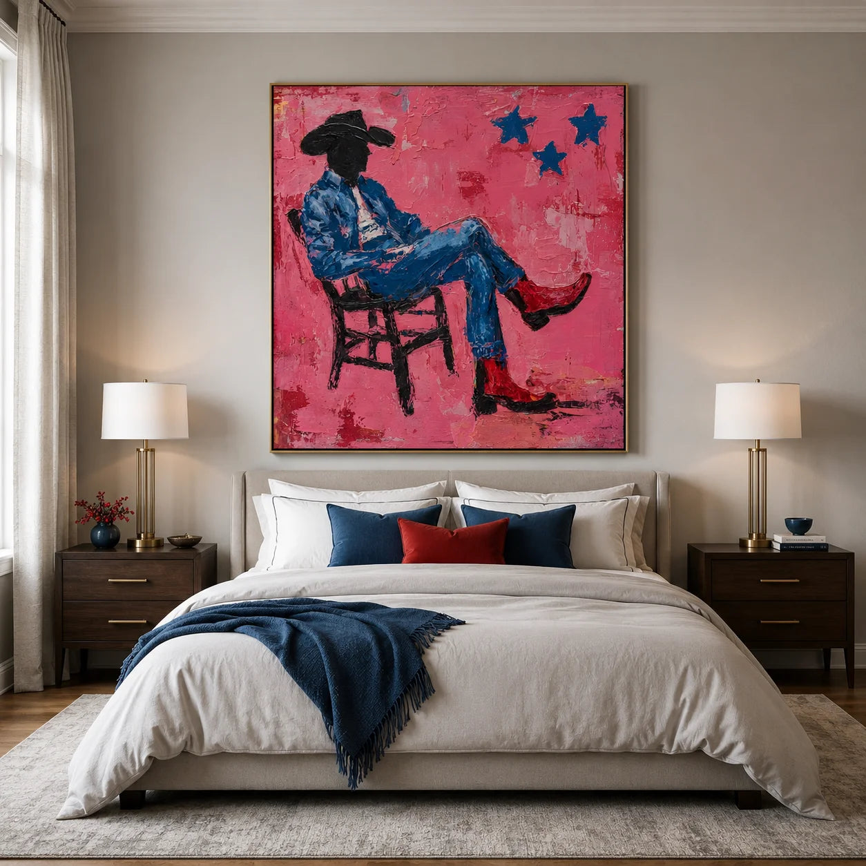 Pink Cowboy Hand-Painted Oil Painting, Textured Western Wall Art with Red Boots for Modern Home Decor #OA0962